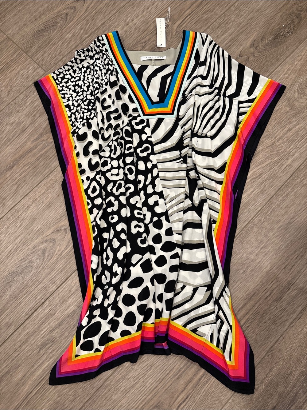 Trina Turk 💯 Silk Black & White Animal Stripe Tunic with Rainbow Trim